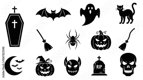 Halloween icons set with spooky symbols and decorations.