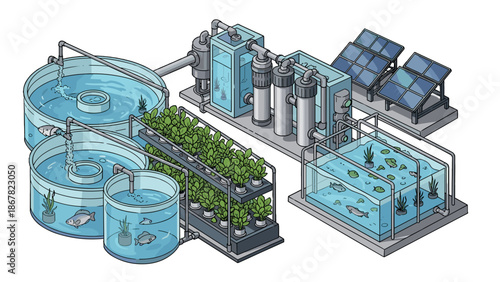 A modern aquaculture system with solar panels and water circulation