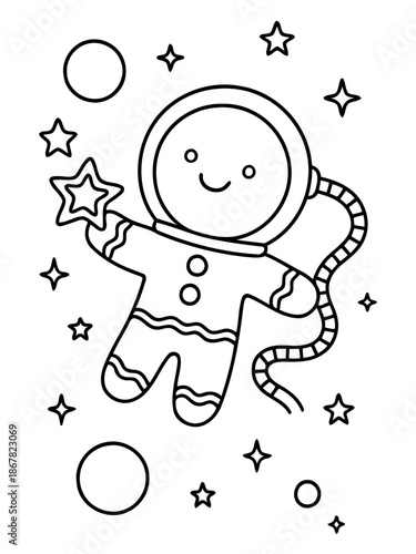Gingerbread Astronaut: A charming gingerbread man astronaut floats through space, his joyful expression reflecting the wonder and imagination of a child.