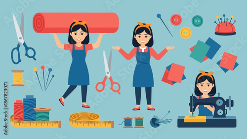 Women working in a sewing workshop with fabric and scissors.