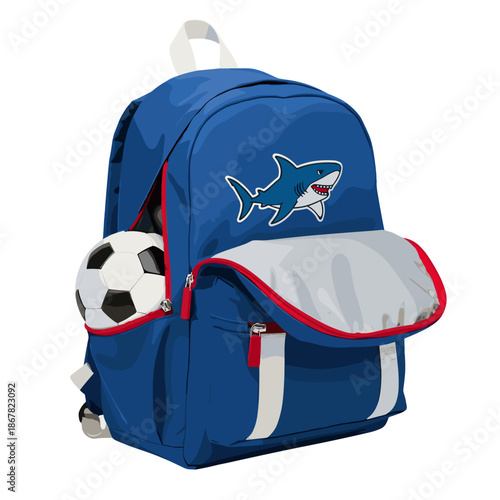 A blue backpack with a shark design and soccer ball pocket for kids