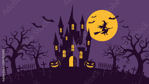 Spooky Halloween Night with Castle and Witch Flying.