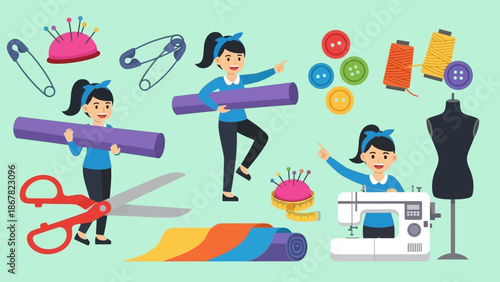 Three women dancing with sewing materials and equipment around them.