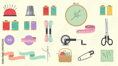Sewing and crafting tools and accessories collection.