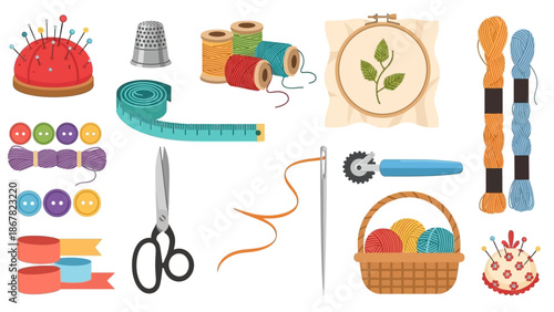 Assorted Sewing Tools and Accessories for Crafting and Embroidery.