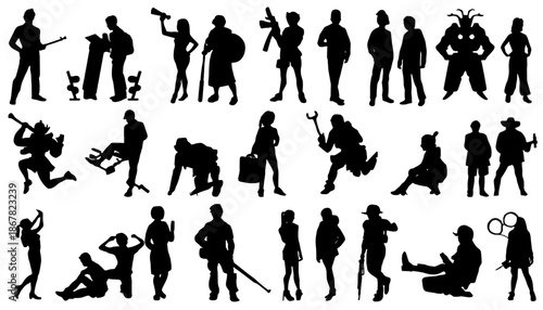 A collection of black silhouettes depicting people engaging in various sports activities