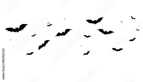 A minimalist illustration of bats flying in a scattered formation against a