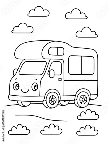 Cute Campervan on Adventure: A delightful, smiling campervan prepares for a whimsical journey, surrounded by fluffy clouds, filled with the promise of adventure and exploration.