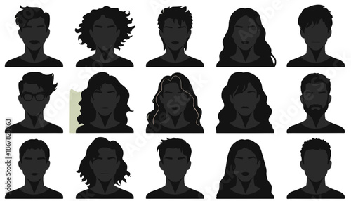 A set of black silhouette icons of diverse people with various hairstyles