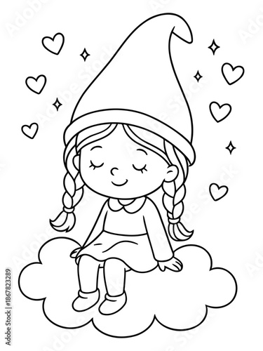 Dreamy Gnome on Cloud Nine: An adorable illustration of a serene gnome sitting atop a cloud, surrounded by floating hearts, evoking a sense of tranquility and whimsy.