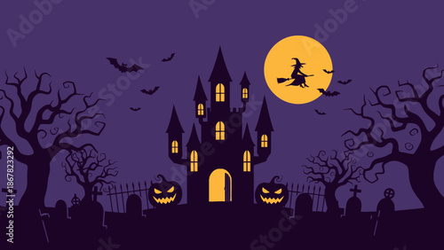 Spooky Halloween night with haunted castle and witch flying.