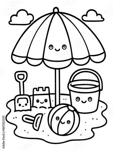Beach Fun Doodle: A whimsical illustration of beach essentials, featuring a charming umbrella, sandcastle, bucket, shovel, ball, and clouds, creating a playful summer scene.