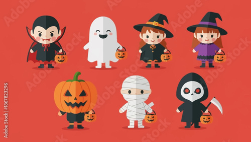 Cartoon Halloween characters set on red background.