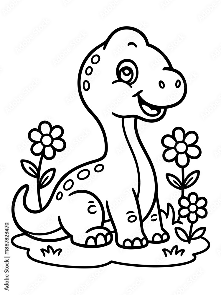 Obraz premium Cute Dinosaur with Flowers: A charming cartoon depiction of a friendly dinosaur happily seated amidst blooming flowers, bringing a sense of joy and imagination