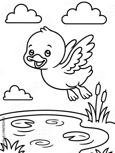 Joyful Flight: A delightful cartoon duckling soars gracefully above a tranquil pond. With wings spread wide and a happy expression, it embodies the carefree spirit of youth and adventure.