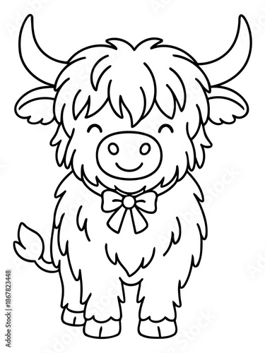 Highland cow character: This adorable illustration showcases a cheerful Highland cow. Its fluffy coat, gentle eyes, and charming demeanor create a delightful scene.