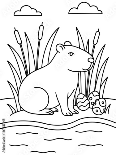Capybara Illustration in Nature's Embrace: An adorable capybara, rendered in charming monochrome lines, sits calmly amidst the natural beauty of reeds, water, clouds, and easter eggs.