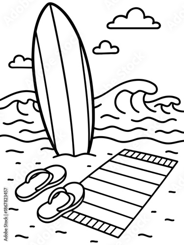 Summer Surfboard Scene: A classic beach scene, depicting a surfboard standing tall by the ocean waves, along with towel and flip-flops, evoking the spirit of summer fun.