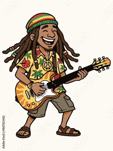 Happy Reggae Musician Playing Guitar Cartoon Illustration