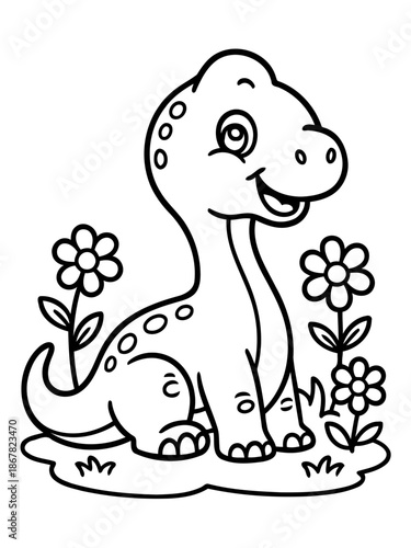 Cute Dinosaur with Flowers: A charming cartoon depiction of a friendly dinosaur happily seated amidst blooming flowers, bringing a sense of joy and imagination