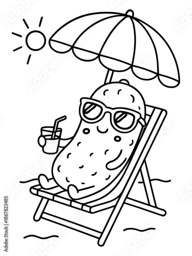 Vacationing Cucumber: An anthropomorphic cucumber, complete with sunglasses, reclines on a beach chair, sipping a cool drink under the shade of an umbrella.