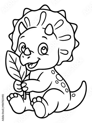 Playful Triceratops with a Leaf: A whimsical cartoon-style depiction of a friendly triceratops, holding a leaf, exuding a sense of playful innocence and curiosity, evoking a sense of joy and wonder.
