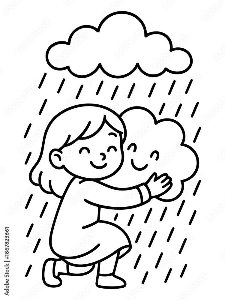 Fototapeta premium Girl with Cloudy Companion: A cheerful girl is joyfully embracing a cloud, expressing delight amidst a gentle rain, symbolizing connection and happiness. 