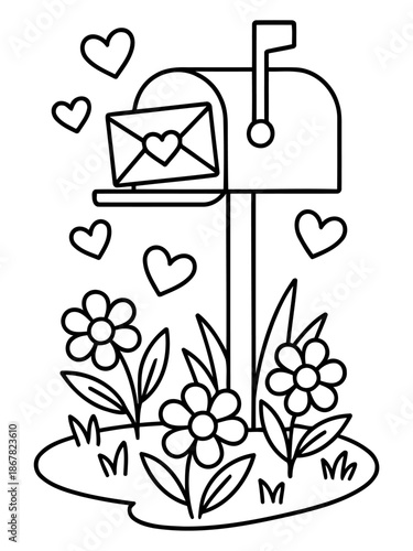 Love Letter Delivery: A charming illustration depicts a mailbox overflowing with affection, a love letter peeking out alongside fluttering hearts and blooming flowers.