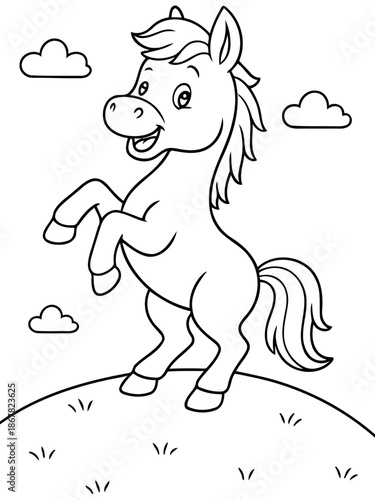 Happy Horse Illustration: A cheerful horse stands on its hind legs, radiating joy. With a backdrop of gentle hills and fluffy clouds.