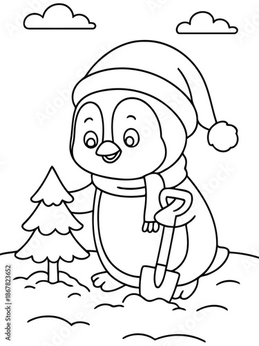 Cute Penguin Planting Tree: A charming illustration depicts a friendly penguin, bundled in a warm hat and scarf, happily planting a small evergreen tree on a snowy day.