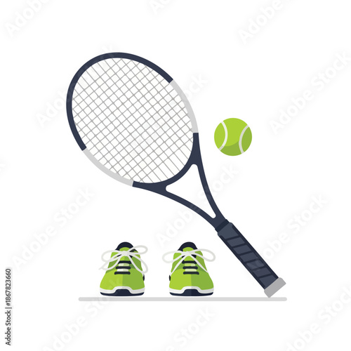Tennis racket sneakers and ball ready for game.