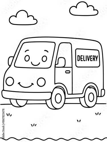 Cheerful Delivery Van in Meadow: A charming cartoon delivery van, with a friendly face, cheerfully transports goods in a sunny meadow. The image exudes a sense of simple joy and efficient service.