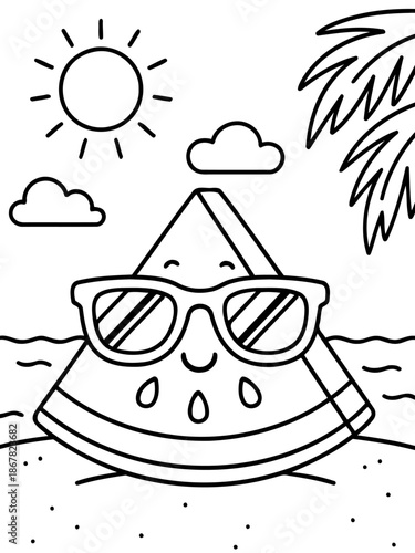 Happy Watermelon's Beach Day: A cheerful watermelon slice, complete with sunglasses and a sunny disposition, is enjoying a perfect beach day, evoking a feeling of summery fun.