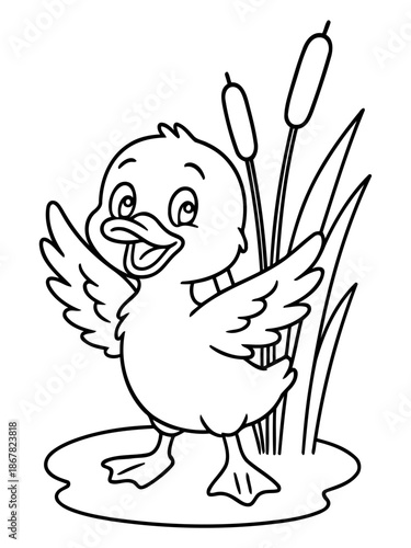 Joyful Duckling Illustration: A charming duckling, with its beak open and wings spread wide, appears gleefully standing on the water in front of tall reeds.