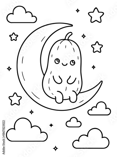 Celestial Pumpkin: A charming pumpkin character, sits serenely upon a crescent moon in a whimsical night scene, framed by stars and clouds. 