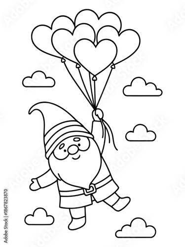 Flying Gnome with Heart Balloons: A whimsical illustration of a jovial gnome floating upwards, carried by a bundle of heart-shaped balloons, symbolizing joy and affection. 