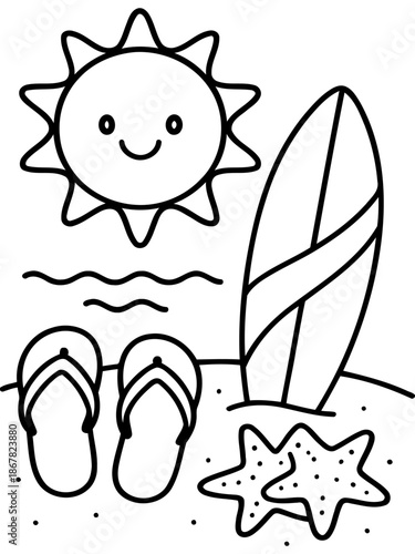 Summer Holiday Symbols: A cheerful sun, surfboard, flip-flops, and starfish come together, depicting the essence of summer holiday and beach relaxation, offering a playful and joyful vibe.