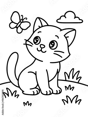 Cute kitten with butterfly: a charming line art illustration. A cute kitten with an inquisitive expression gazes at a delicate butterfly. This image evokes feelings of joy and playfulness.