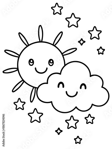 Celestial Harmony: A cheerful sun and a cuddly cloud smile contentedly, encircled by twinkling stars, creating a whimsical scene of joy and wonder.