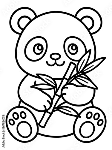 Adorable Panda with Bamboo: A charming panda sits gracefully, clutching a stalk of bamboo, a symbol of serenity and connection with nature, rendered in a simple and delightful illustration.