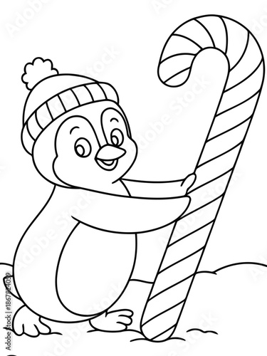 Festive Penguin's Candy Cane Embrace: A charming illustration captures the joy of a penguin clutching a candy cane, evoking the warmth and cheer of the holiday season.