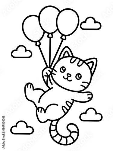Whimsical Cat's Aerial Adventure: A charming cartoon cat joyfully floats through the sky, held aloft by buoyant balloons, amidst fluffy clouds. A delightful illustration.