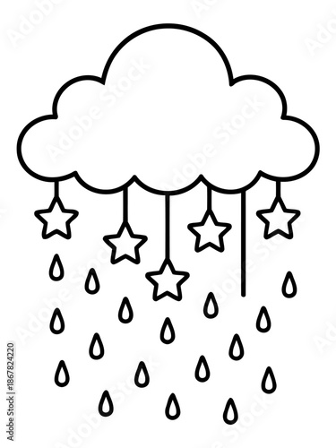 Cloud and Stars Illustration: A charming, whimsical illustration depicting a fluffy cloud adorned with dangling stars and gentle raindrops, symbolizing peace, calmness and serenity.