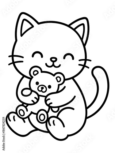 Whimsical Cat and Teddy Bear: A charming illustration depicts a sweet cat tenderly embracing a cuddly teddy bear, radiating warmth and affection with its gentle smile.