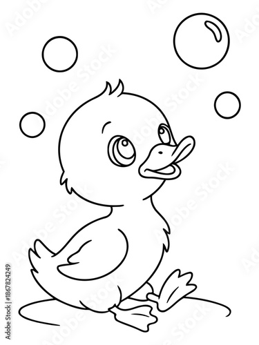 Dreamy Duckling: A whimsical line art illustration portrays an adorable duckling, captivated by floating bubbles, offering a sense of wonder and childlike innocence.