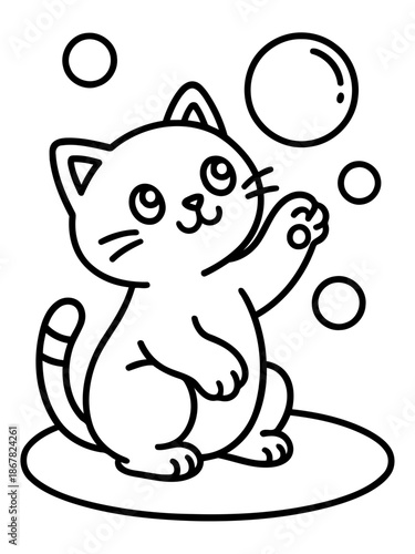 Playful Kitten and Bubbles: An adorable illustration shows a curious kitten reaching for playful bubbles, evoking a sense of joy, curiosity, and innocent fun.