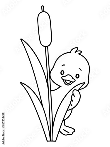 Peekaboo Duckling: A charming and playful duckling peeks out from behind tall reeds, exuding an air of innocence and childlike wonder. 