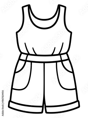 Summer Jumpsuit Illustration: Clean, minimalist illustration of a fashionable summer jumpsuit, showcasing a sleeveless top with a cinched waist, flowing into tailored shorts with pockets.