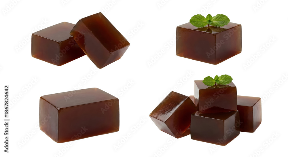 Obraz premium Refreshing Coffee Jelly Cubes with Mint Leaf Garnish, Sweet Dessert