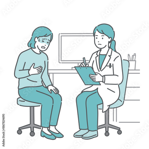 体調不良を訴える女性患者と女性医師（白衣・問診）